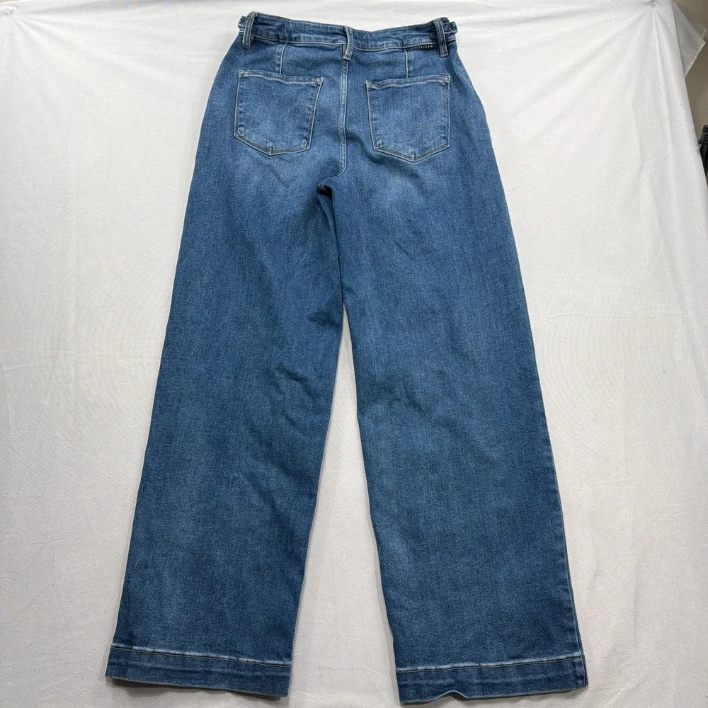 Risen Jeans Wide Leg High Rise Side Buckle Blue Denim Women Size 7/28